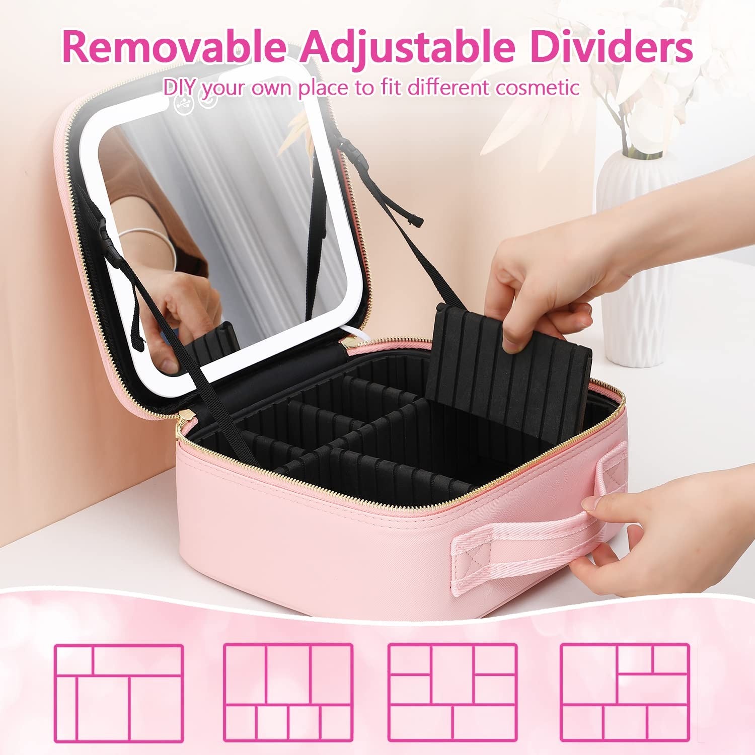 LED Makeup Bag with Light & Mirror Travel Vanity Case Cosmetic Beauty Box Pink