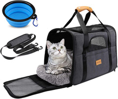 Cat Carrier, Portable Pet Carrier Bag for Cats and Small Dogs, Foldable Soft Sided Cat Transport Carrier, Airline Approved Pet Travel Carrier with Shoulder Strap, Removable Mat and Pet Bowl