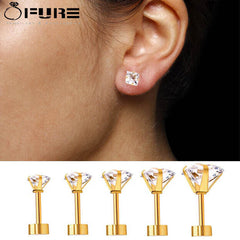 Screw Back Square 14K Gold Plated Stud Earrings Cubic Zirconia Women Men Girls