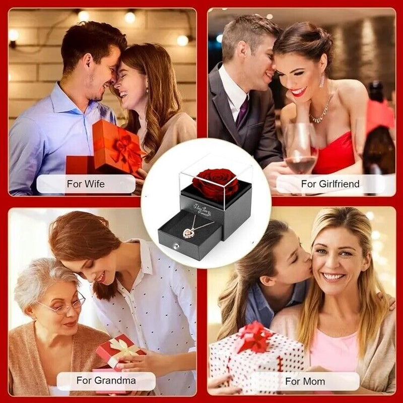 Valentine'S Day Real Rose Gift Box & Necklace for Her Mothers Day, Birthday Gift