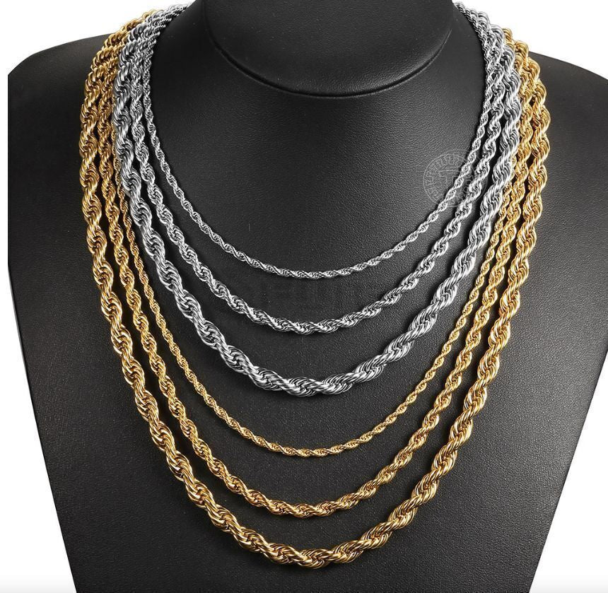 Women Men Gold Silver Twisted Rope Hip Hop Stainless Steel Long Chain Necklace