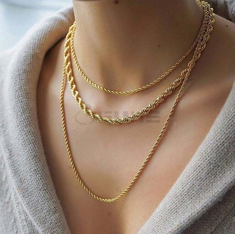Women Men Gold Silver Twisted Rope Hip Hop Stainless Steel Long Chain Necklace