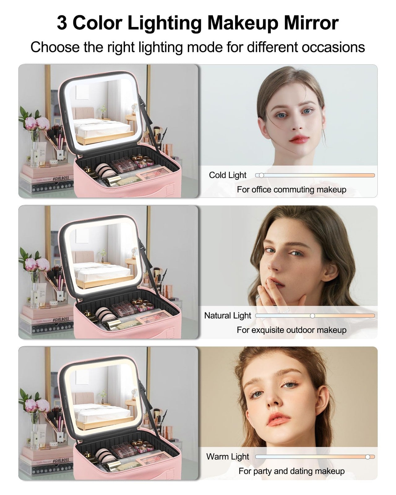 LED Makeup Bag with Light & Mirror Travel Vanity Case Cosmetic Beauty Box Pink