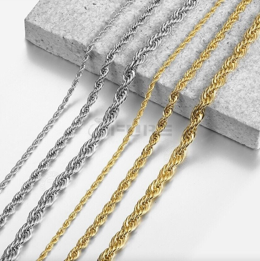 Women Men Gold Silver Twisted Rope Hip Hop Stainless Steel Long Chain Necklace