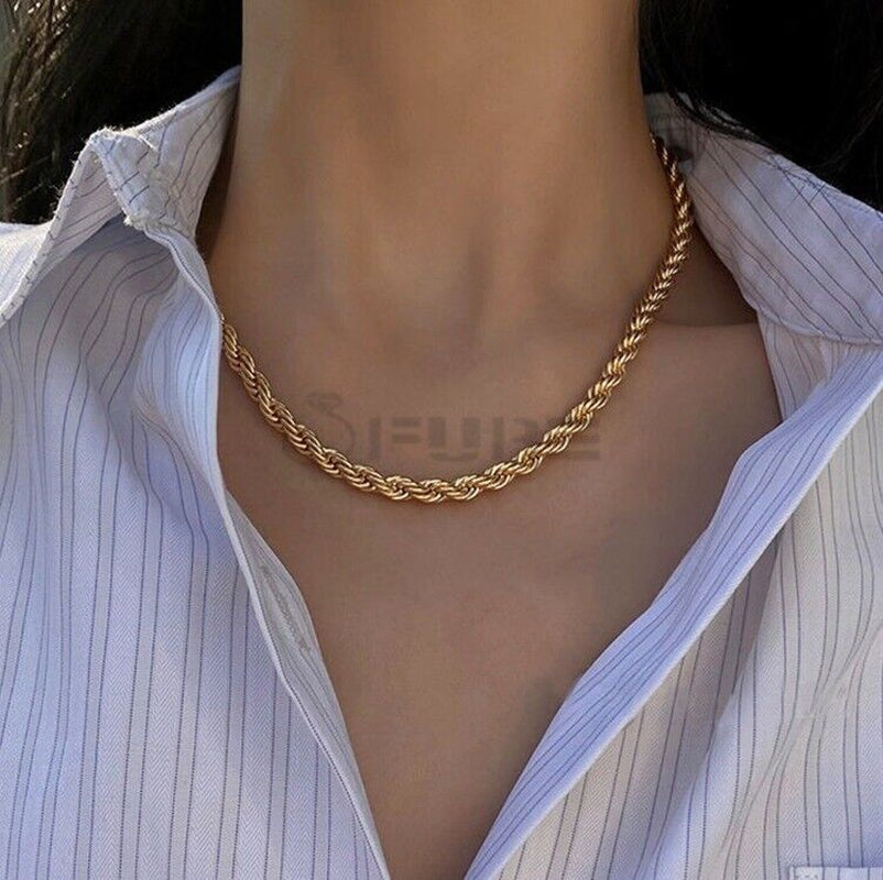 Women Men Gold Silver Twisted Rope Hip Hop Stainless Steel Long Chain Necklace