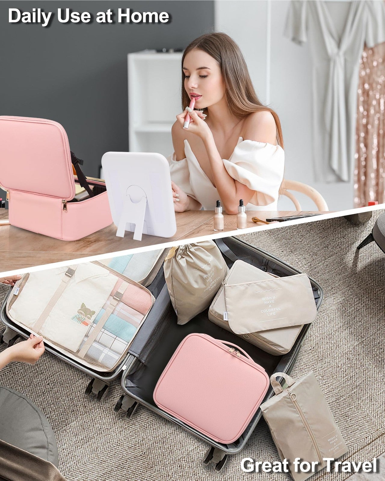 LED Makeup Bag with Light & Mirror Travel Vanity Case Cosmetic Beauty Box Pink