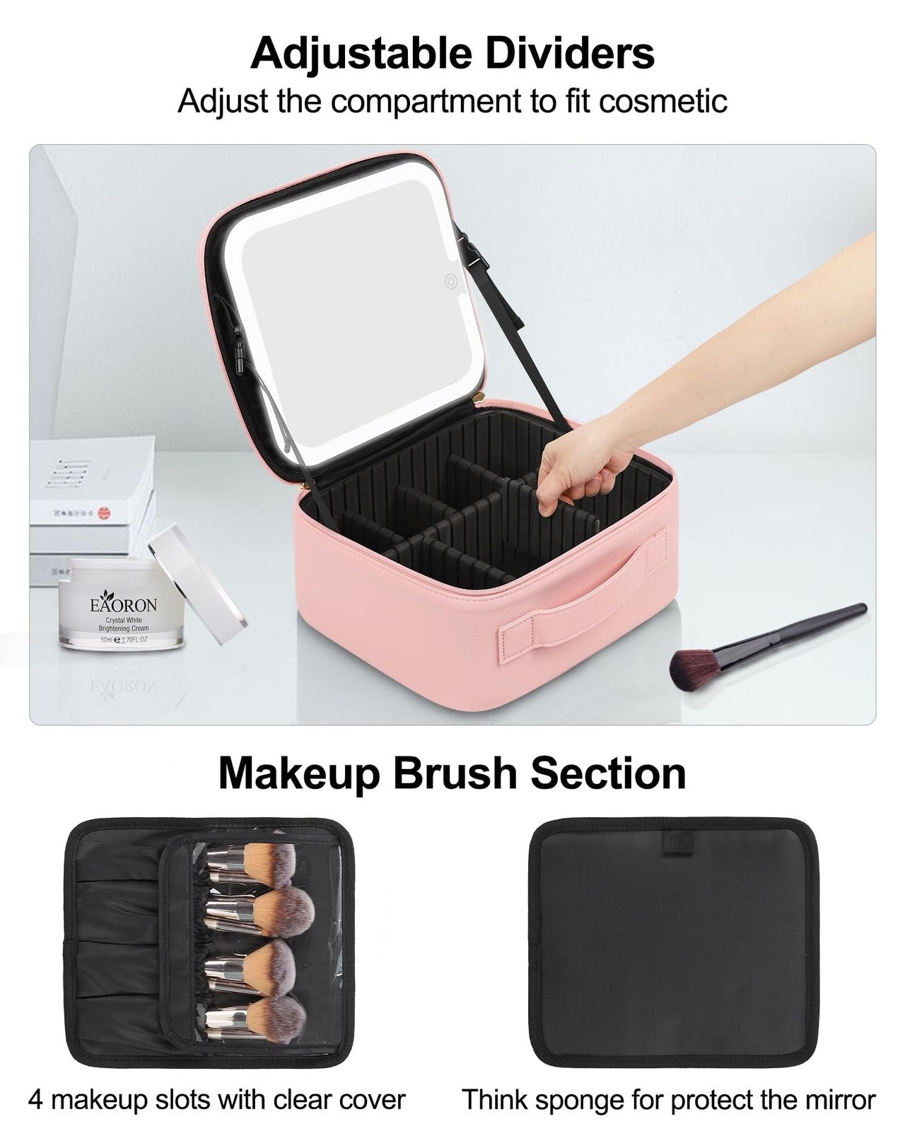 LED Makeup Bag with Light & Mirror Travel Vanity Case Cosmetic Beauty Box Pink
